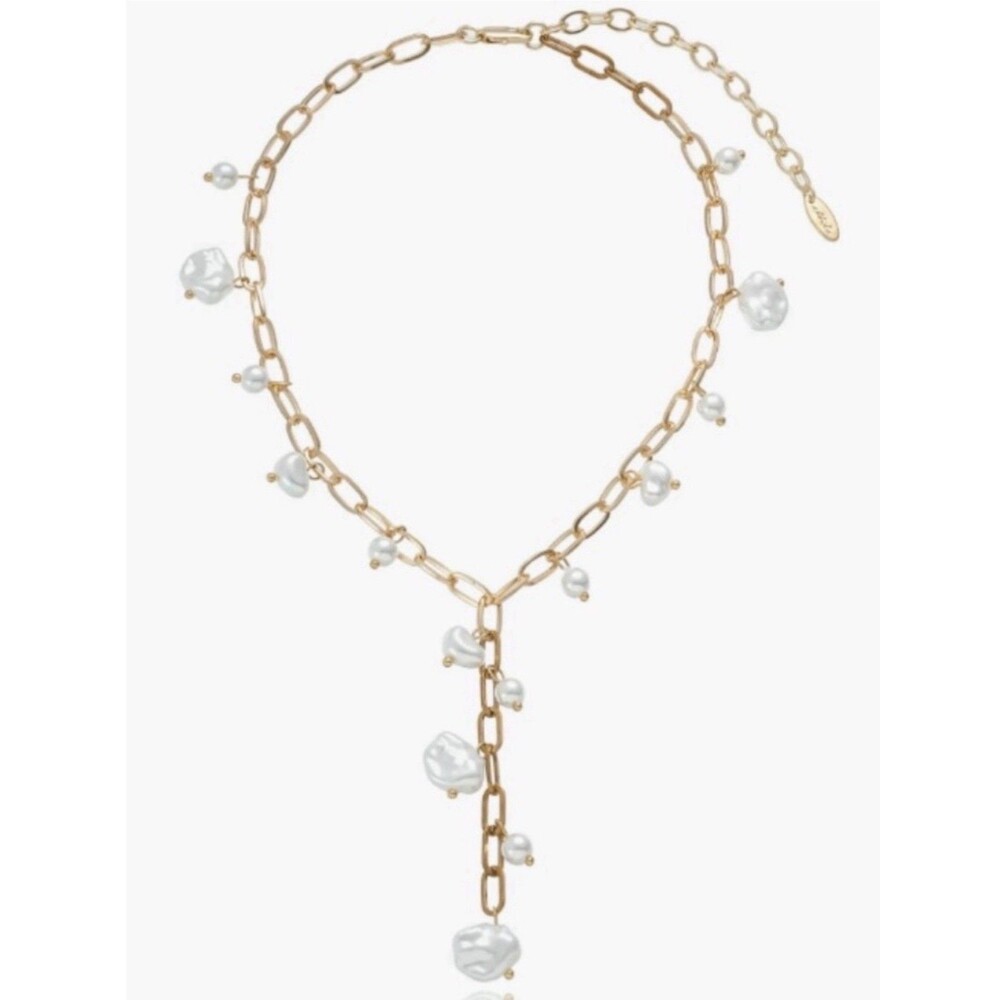 ettika Dangle Faux Pearl On Gold Tone Chain Link Lariat Y Necklace New